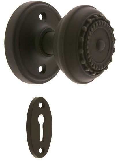 Classic Rosette Mortise Lock Set With Meadows Design Knobs in Oil-Rubbed Bronze finish.
